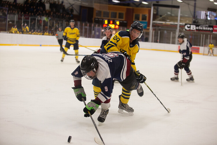 A low contrast image of two hockey players, taken through the glass - Tips for Editing Hockey Photos in Lightroom